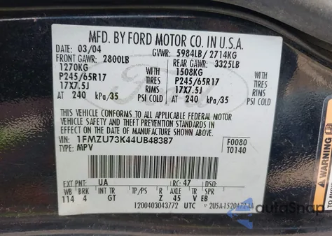 2004 Ford Explorer Nbx/Xlt from USA, damaged, VIN 1FMZU73K44UB48387